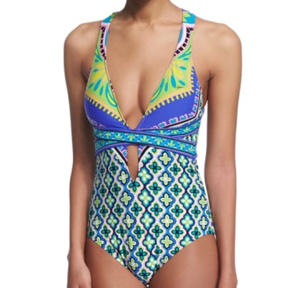 Trina Turk Patterned, Strappy One-Piece Swimsuit, Deep Plunge Front